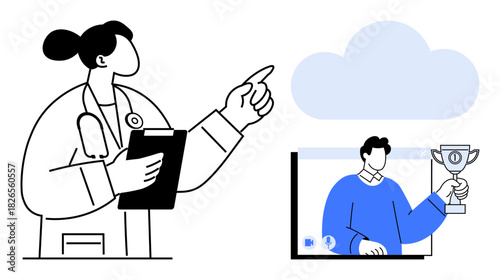 Healthcare worker pointing with clipboard beside digital display of man holding trophy, linking medical technology, telemedicine, and cloud services. Ideal for healthcare innovation, digital