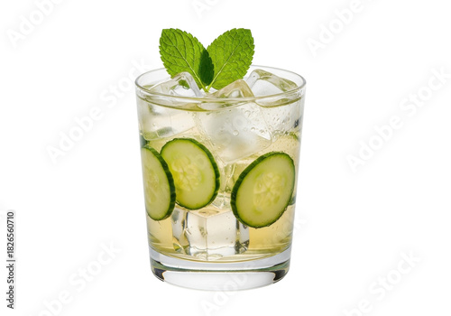 Принти на полотні Isolated summer refresher, cucumber cooler or gin tonic cocktail with ice and mi