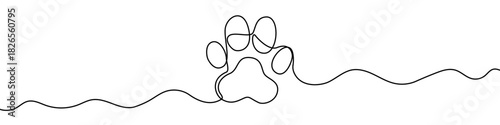 Drawing of an animal paw print in one line art style. Pet paw illustration with editable stroke. Vector illustration.