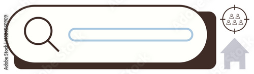 Search bar with magnifying glass icon, user target icon, and home icon. Ideal for technology, web interface, SEO, navigation, simplicity communication and user-centric designs. Flat simple