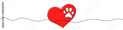 Drawing of a red heart with a paw print inside in one line art style. Illustration of animal love with editable stroke. Vector illustration.