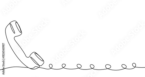 Drawing of a telephone receiver in one line art style. Communication device illustration with editable stroke. Vector illustration.