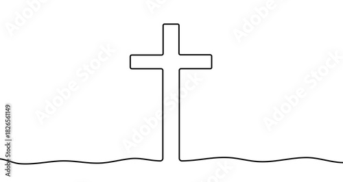 Drawing of a Christian cross in one line art style. Religious illustration of a faith symbol with editable stroke. Vector illustration.