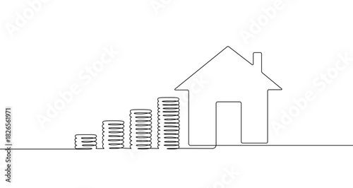 House and growing bar chart of coins connected by one continuous line. Symbol of real estate investment, increasing property value, and financial planning. Vector illustration.