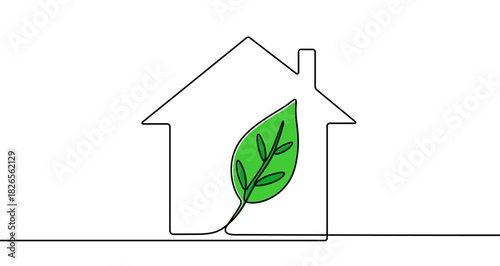 Silhouette of a house with a green leaf inside, drawn with one continuous line.