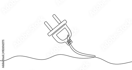 Electric plug with a cable coming from a wavy line in one line art style. Symbol of electricity with editable black stroke. Vector illustration.