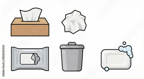 Hygiene and Waste Management Icons Tissue Box, Wipes, Trash Can, Soap, and Crumpled Paper