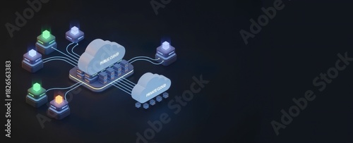 3D isometric illustration of hybrid cloud architecture with public and private servers. Digital network infrastructure diagram with glowing data connections on dark background. Copy space