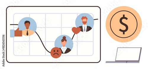 Performance graph with human emotions, team collaboration, financial growth, and goal-oriented strategy. Ideal for productivity, workplace analysis, business trends, leadership, data visualization