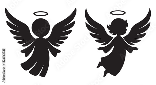 Silhouette of two angels with halos and wings vector illustration for Christmas and religious themes isolated on white background