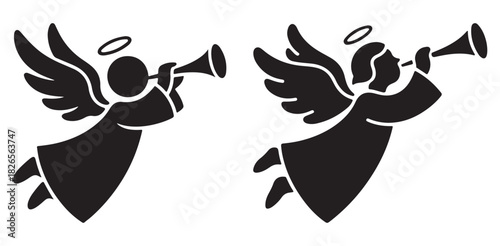 Angel blowing trumpet silhouette vector illustration of a religious figure with wings and halo isolated on white background