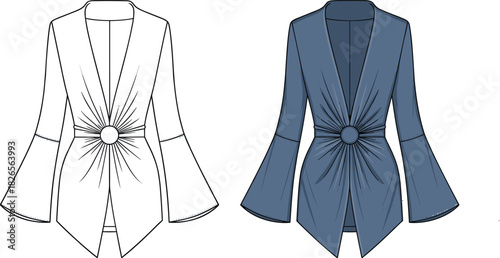 Women's draped front jacket technical flat sketch and colored illustration with bell sleeves and central ring gathering detail vector template