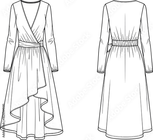 Women's long sleeve wrap dress technical flat sketch template with V-neckline, cascading high-low hem, and elasticated back waist vector illustration