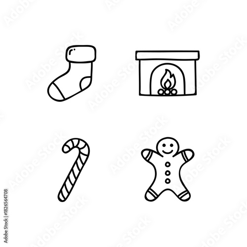 Set of isolated Christmas and New Year party decoration ornaments in black doodle hand-drawn graphic illustration on a white background 5