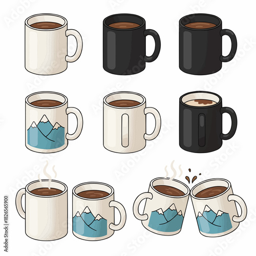 Collection of Coffee Mugs and Cups with Various Designs Flat Vector Illustration Set