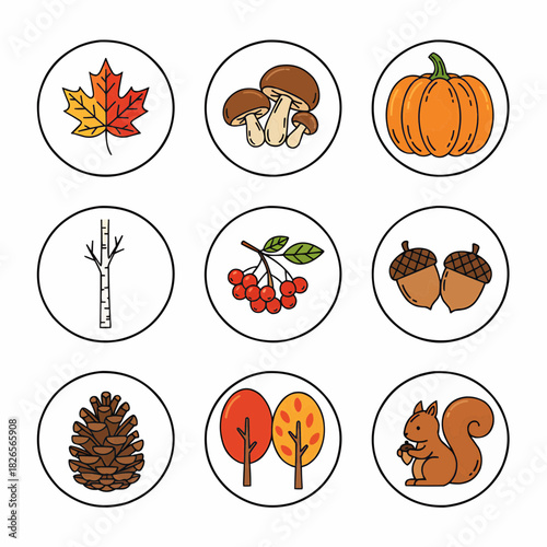 Colorful Autumn Fall Season Nature Elements Flat Icons Set