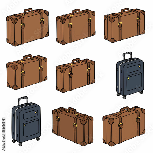Collection of Travel Suitcases Vintage and Modern Luggage Set Isolated on White Background