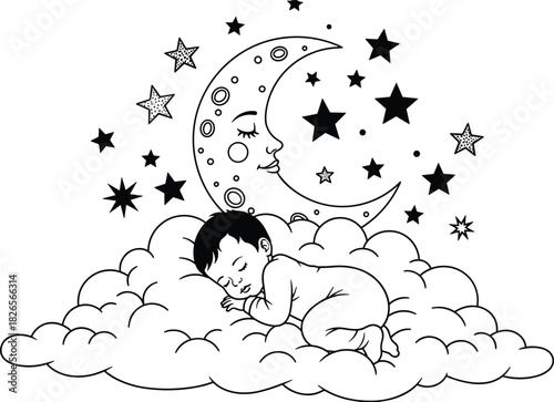 Cute sleeping baby on cloud with moon and stars, peaceful nursery illustration for newborn decor, bedtime theme, dreamy night artwork design