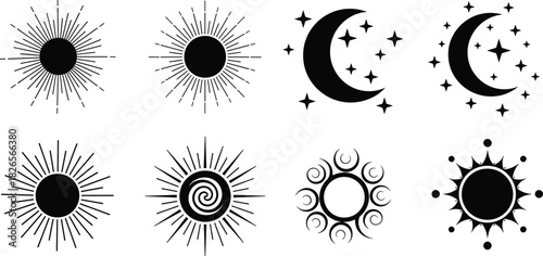 Mystical sun and moon celestial symbols illustration set featuring cosmic stars, spiritual line art, boho aesthetic designs for decorative and creative projects
