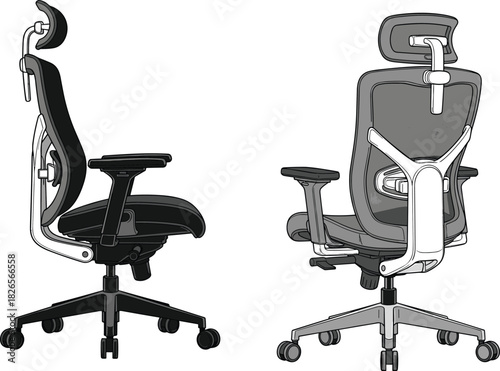 Ergonomic office chair illustration with adjustable headrest, mesh back support, swivel base, modern workspace seating design for comfort, productivity and home office setups