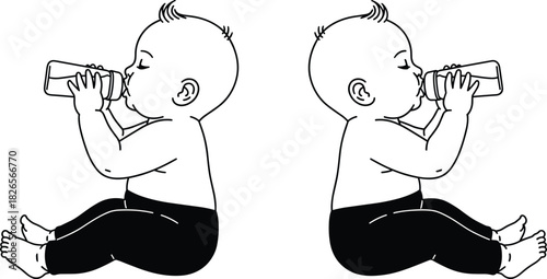 Cute baby drinking milk from bottle sitting illustration, infant feeding concept, childcare, newborn nutrition, motherhood, parenting and early childhood development graphic