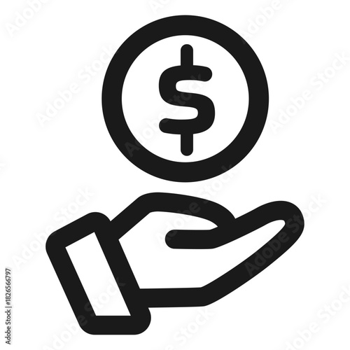 Hand with dollar icon – money giving, financial support and payment symbol in minimal outline style
