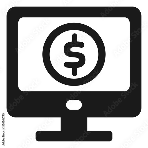 Online payment icon – computer monitor with dollar symbol in minimal outline financial design
