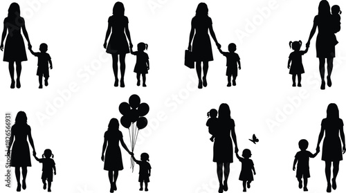 Mother walking with children silhouette collection representing family love, parenting moments, motherhood bond, childcare and lifestyle concepts for design and illustration projects