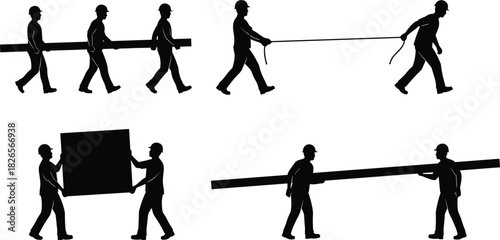 Construction workers carrying heavy materials silhouette set showing teamwork, labor tasks, lifting, transportation and industrial workforce actions for building and engineering projects