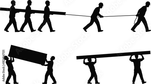 Construction workers carrying heavy materials silhouette illustration showing teamwork, labor, safety, lifting tasks, industrial workforce activity for building and engineering projects