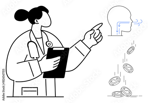 Healthcare worker holding a clipboard pointing to a diagram of a breathing human head alongside falling coins. Ideal for healthcare, medical cost, respiratory wellness, insurance, therapy