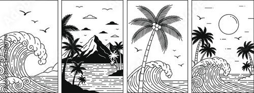 Tropical beach landscape illustration set with ocean waves, palm trees, mountains, seascape line art, summer vacation nature scenery collection for design