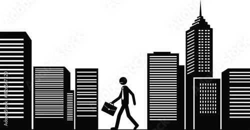 Businessman walking with briefcase in modern city skyline silhouette, urban corporate life concept, office commute illustration, professional workplace graphic