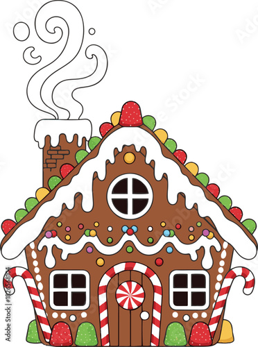 A cute flat vector illustration of a festive Christmas gingerbread house featuring a snowy roof, smoking chimney, candy cane decorations, and colorful gumdrops.