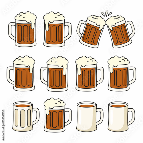 Collection of Beer Mugs and Glasses with Foam and Empty Outlines Vector Set