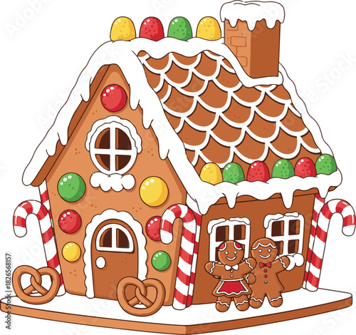 A cute and colorful cartoon illustration of a festive Christmas gingerbread house decorated with white icing, gumdrops, candy canes, and pretzels, featuring two happy gingerbread figures standing in f