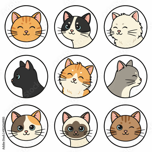 Cute Cartoon Cat Faces Collection Vector Illustration Set