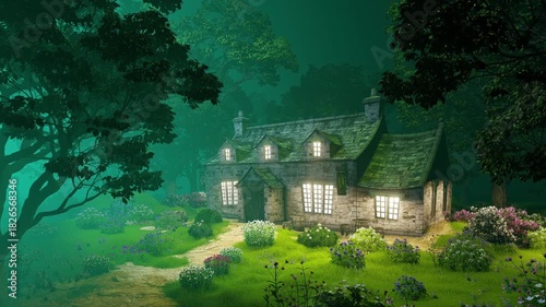 An old hotel in a magical misty forest. Animation themed around fairy tales and fantasy, landscapes, and territories.