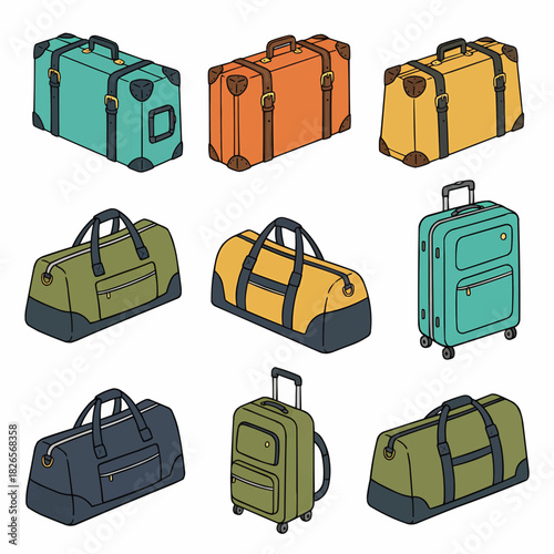 Collection of colorful travel luggage suitcases and duffel bags illustration set