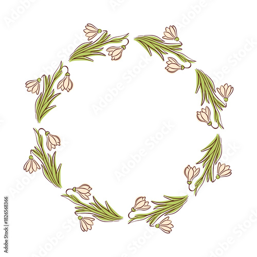 Snowdrop flower wreath in flat style. Perfect for spring card design, nature art, botanical and elegant decorative element isolated on white background.