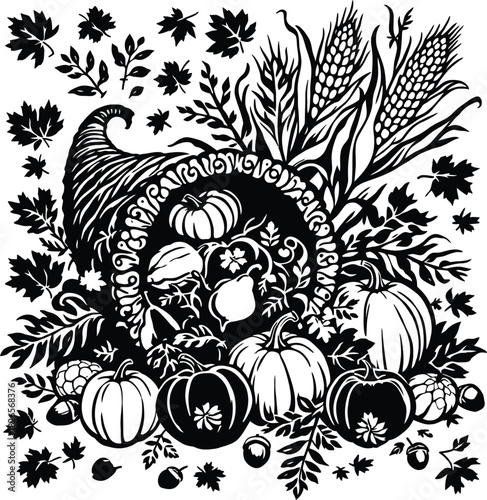 Cornucopia harvest illustration in black line style featuring fruits vegetables leaves and autumn symbols