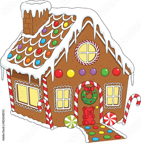 A detailed flat vector illustration of a festive gingerbread house featuring a snowy roof with gumdrops, a candy cane pathway, and a front door decorated with a Christmas wreath and a gummy bear.