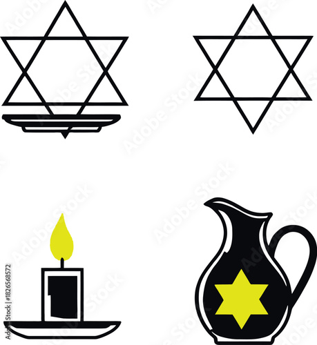 Jewish symbol icon set in black line style featuring Star of David candle pitcher and ceremonial elements