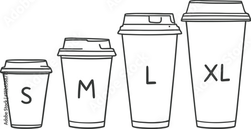 Coffee cup size illustration set in black line style featuring small to extra large disposable drink containers