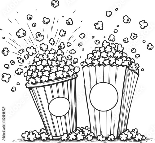 Popcorn container illustration set in black line style showing motion and abundance for cinema snack graphics