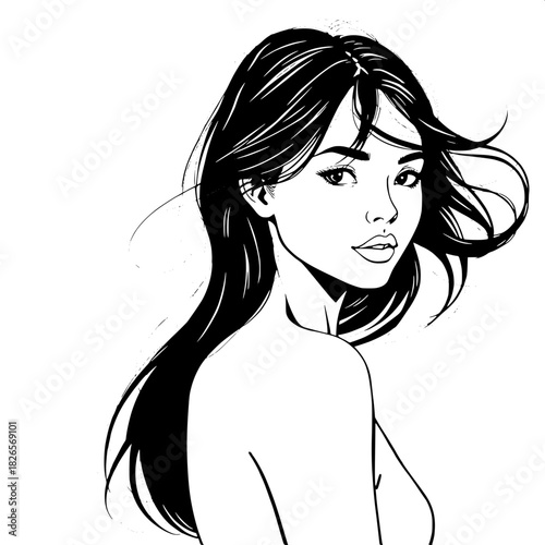 “A black-and-white graphic portrait of a youthful woman with delicate features, shown mid-turn. Her hair sweeps across the frame with subtle motion. The minimal background and precise linework highlig
