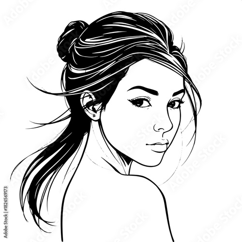 “A black-and-white graphic portrait of a youthful woman with delicate features, shown mid-turn. Her hair sweeps across the frame with subtle motion. The minimal background and precise linework highlig