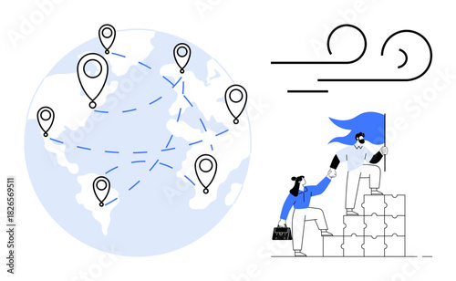 Globe with pinpoints connected, two professionals climbing blocks with flag, wind elements illustrating movement. Ideal for teamwork, global connection, leadership, support, growth, progress