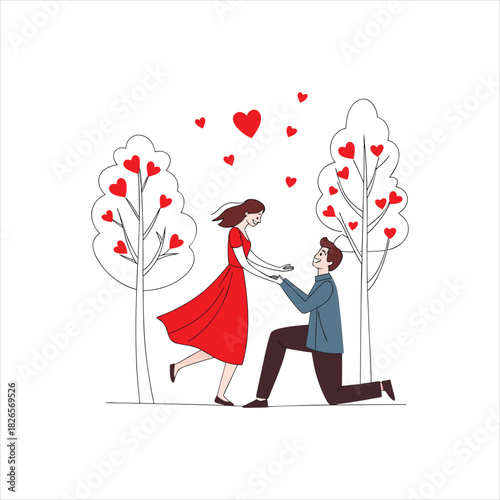 Romantic Couple Proposal Illustration with Hearts and Trees