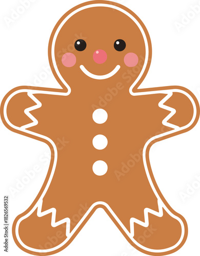 A cute and simple flat vector illustration of a smiling gingerbread man cookie with rosy cheeks and white icing details,